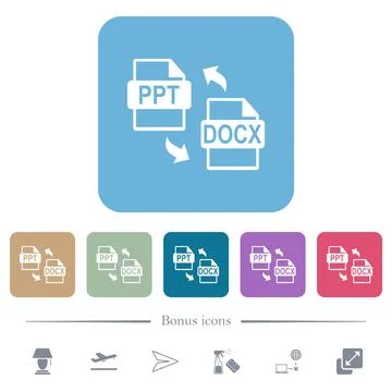 PPT DOCX file conversion flat icons on color rounded square backgrounds Stock Illustration