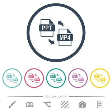 PPT MP4 file conversion flat color icons in round outlines Stock Illustration