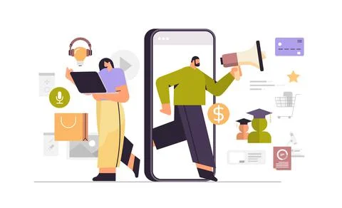 PR agency team using loudspeaker to communicate with audience marketing campaign Stock Illustration