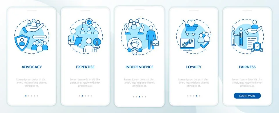 PR code of ethics blue onboarding mobile app screen Stock Illustration