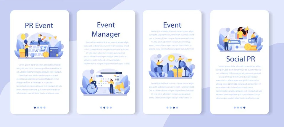 PR event mobile application banner set. Celebration or meeting organization Stock Illustration