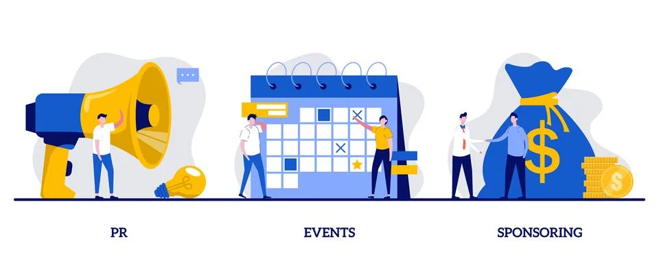 PR, events, sponsoring concept with tiny people character. Business funding.. Stock Illustration