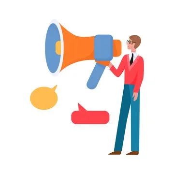 PR manager holding megaphone, tiny man with big loudspeaker and speech bubbles Stock Illustration