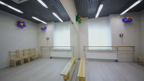 (PR) Panorama of small studio with color light and mirror on wall in family club Video stock 276371759