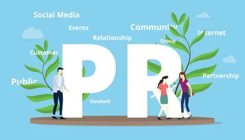 Pr public relations concept with big text and people team with another text s Stock Illustration