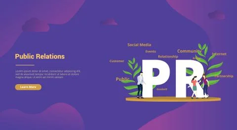 Pr public relations concept with big text and people team for website templat Stock Illustration