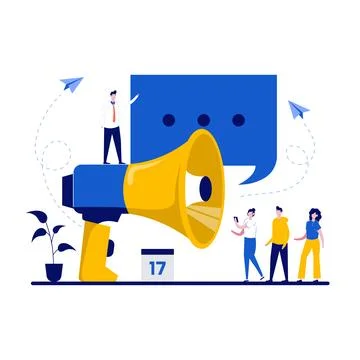PR, public relations management and advertisement concept with character. M.. Stock Illustration