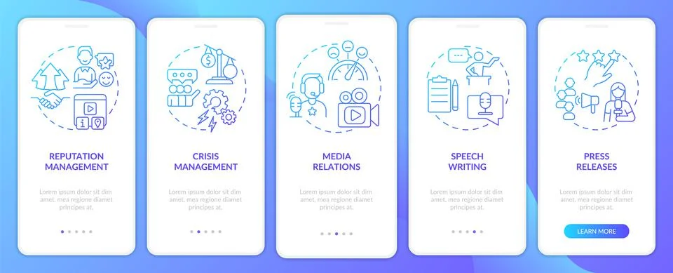 PR services types blue gradient onboarding mobile app screen Stock Illustration