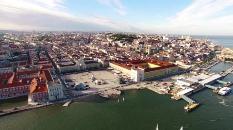 Praca Commercio Lisbon aerial view from river Stock Footage 64086880