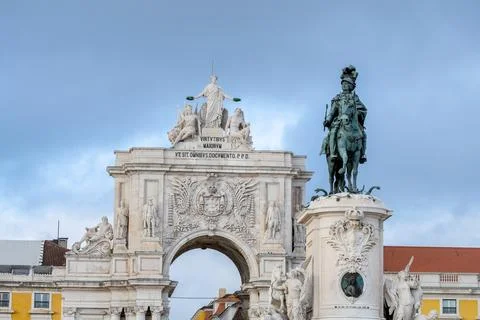 Praca do Comercio arch and statue on clear day Stock Photos