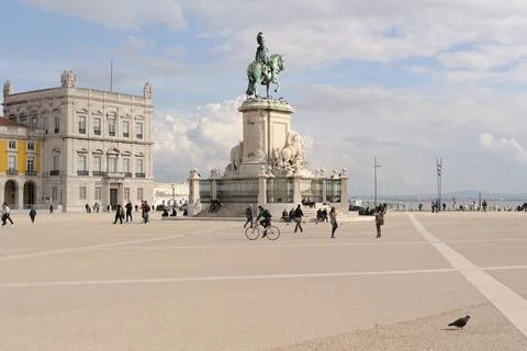 Praca do Comercio with Equestrian Statue in Lisbon, Portugal Stock Photos