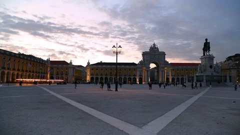 Praça do Comércio from Lisbon, Portugal at sunset 스톡 동영상 129690569