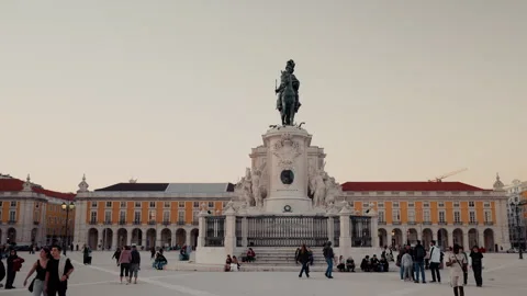 Praca do Comercio square with equestrian statue and arcaded facades in Lisbon Stock Footage 332229874