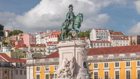 Praca do Comercio with statue of King Jose I timelapse. Lisbon, Portugal. Stock Footage 289984872