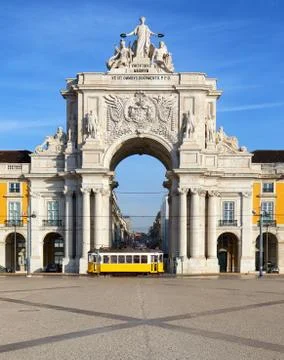 Praca do Comercio with yellow tram, Lisbon, Portugal Stock Photos