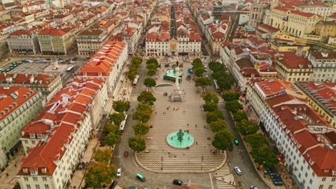 Praça do Rossio - Lisbon Portugal 4K Drone Stock Footage 263095802