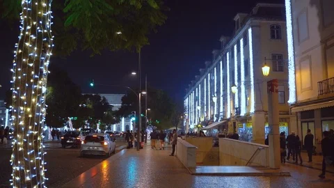 Praca do Rossio at night, Christmas, Lisbon, Portugal. Stock Footage 108049091