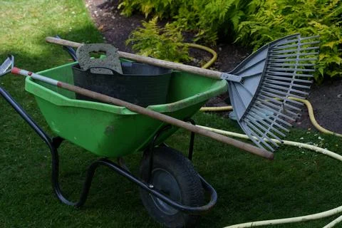 Practical garden tools rested on lawn. Well-maintained yard with gardening tools Stock-Fotos