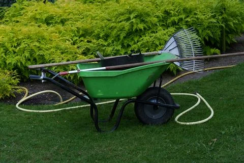 Practical garden tools rested on lawn. Well-maintained yard with gardening tools Stock-Fotos