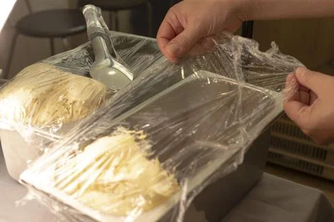 Practical ice cream wrapping on kitchen counter top-down perspective with white. Stock Photos