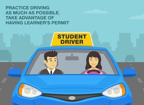 Practice driving as much as possible. Close-up of instructor sitting in a car. Stock Illustration