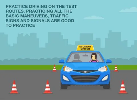 Practice driving on the test routes. Young female student driver practicing. Stock Illustration