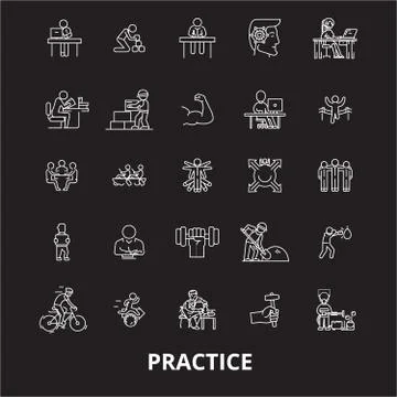 Practice editable line icons vector set on black background. Practice white Illustrazione stock