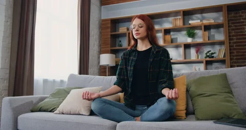 Practice feels inner harmony and balance no stress. Attractive redhead caucasian Stock Footage 225528674