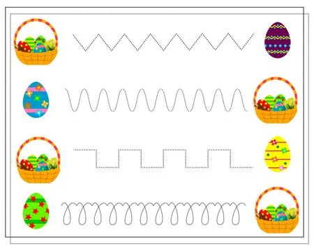 Practice handwriting, circle the line. Easter eggs, Easter basket. Stock Illustration