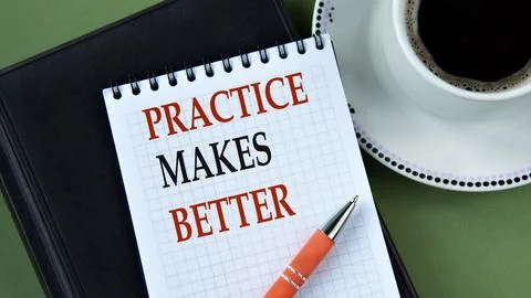 PRACTICE MAKES BETTER - words in notebook on green background with cup of c.. Stock Photos