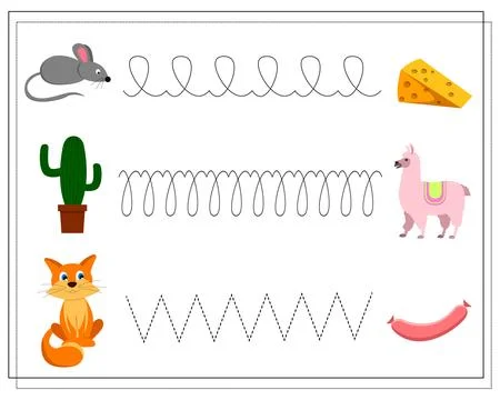 Practice your handwriting, draw a line. Cartoon animals mouse llama cat. an.. Stock Illustration