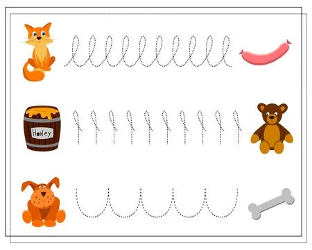 Practice your handwriting, draw a line. Cartoon animals cat, dog, bear. ani.. Stock Illustration