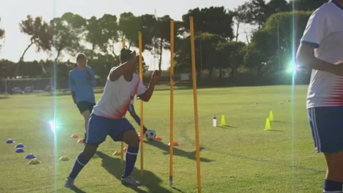 Practicing agility drills, soccer players on sunny outdoor field in animation Stock Footage 305078505