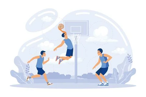Practicing basketball in summer camp, tiny people. Basketball camp, academy.. Stock Illustration
