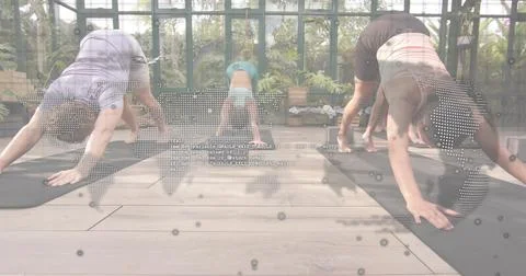 Practicing group in gear holding downward dog in greenhouse on black mats near 스톡 사진