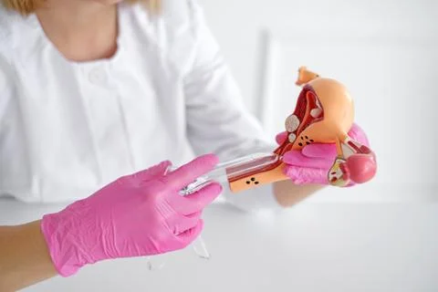 A practicing gynecologist shows students the process of introducing a gynecol Stock Photos