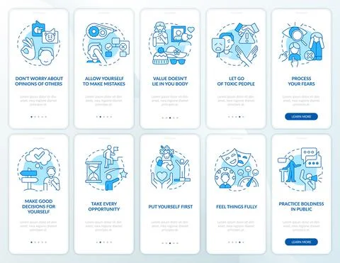 Practicing self love and care blue onboarding mobile app screen set Stock Illustration