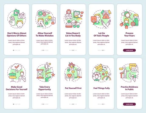 Practicing self-love everyday onboarding mobile app screen set Stock Illustration
