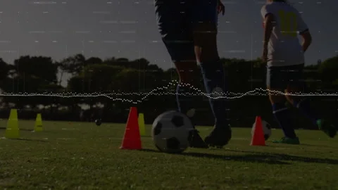 Practicing soccer on field, players with animation data visualization overlay Stock Footage 305488475