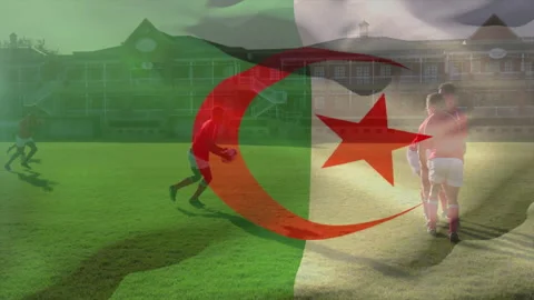 Practicing soccer, players on grassy field with Algerian flag animation overlay Video stock 305288663