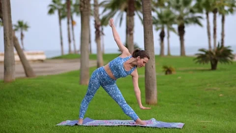 Practicing yoga in a serene beachfront park surrounded by palm trees at sunrise Stock Footage 292013273