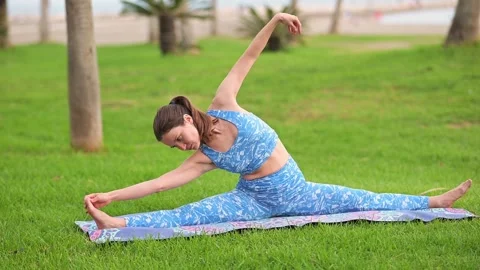 Practicing yoga in a serene beachfront park surrounded by palm trees at sunrise Stock Footage 292013301