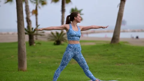 Practicing yoga in a serene beachfront park surrounded by palm trees at sunrise Stock Footage 292013305