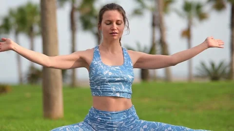 Practicing yoga in a serene beachfront park surrounded by palm trees at sunrise Stock Footage 292013316