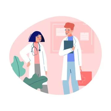 Practitioner Doctors Standing Together and Talking in Medical Office, Medical Stock Illustration