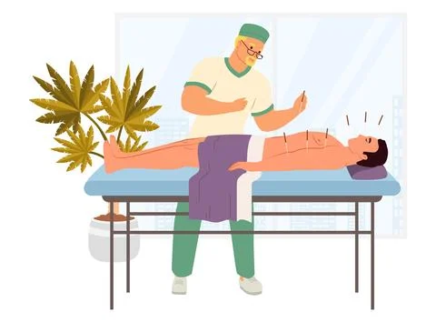 A practitioner performs acupuncture on a patient, who is lying on a treatment Stock Illustration