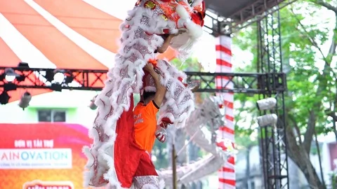 Practitioners in costume lion dance Stock Footage 117400632
