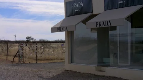 Prada Marfa Store sculptural art installation by artists Elmgreen &amp; Dragset Stock Footage 229821545
