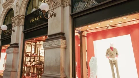 Prada SS26 storefront with elegant architectural details, glowing window Stock Footage 330033659