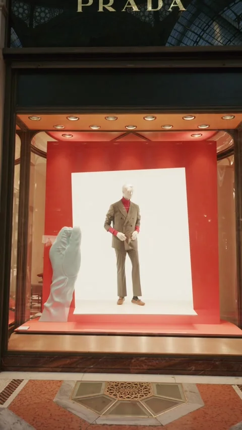 Prada SS26 window display featuring a modern suit, bold red accents, and Stock Footage 330033661